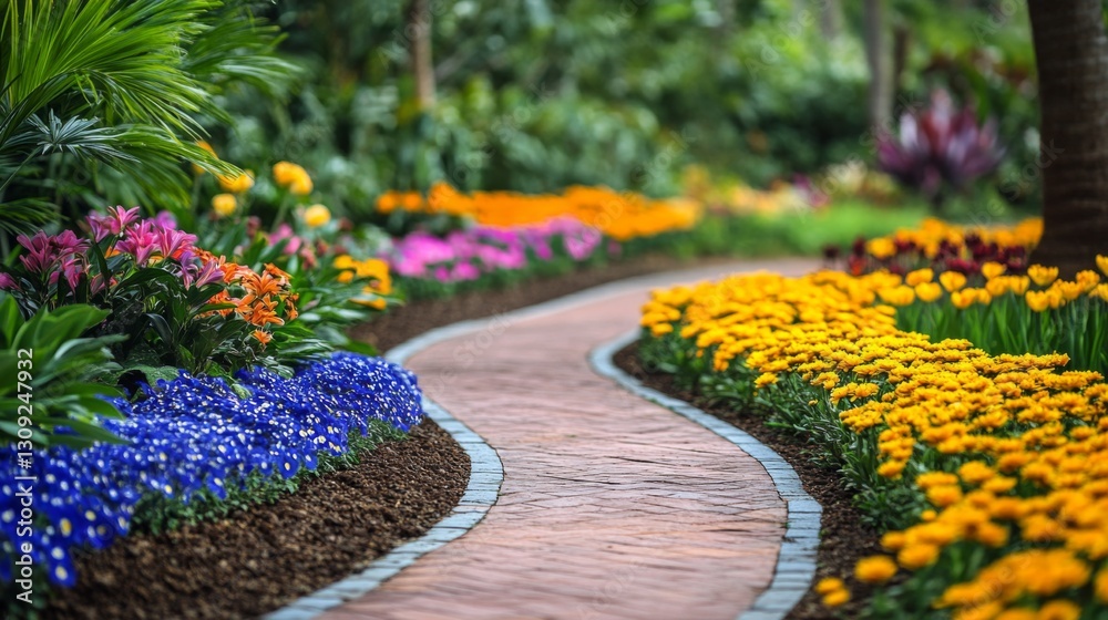 Obraz premium Curving Red Brick Path Through Vibrant Flower Garden