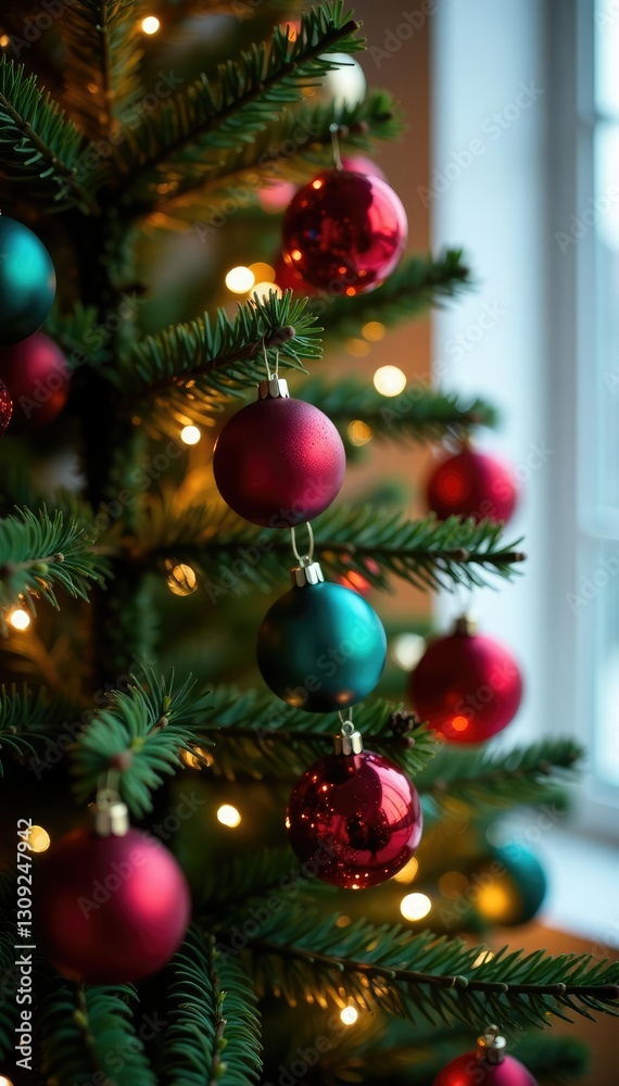 Fototapeta premium Decorative Christmas tree with colorful ornaments, decorative item, holiday ornaments