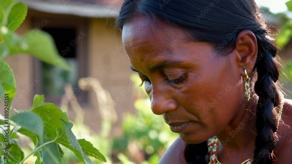 A woman with long black hair is looking at a plant. She is wearing earrings and has her hair in a braid