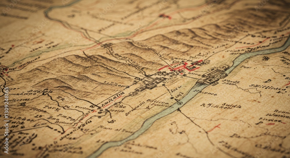 Antique map closeup with rivers and landmarks. Old cartography for history enthusiasts. Vintage exploration concept for Columbus Day. Yellowed parchment with copy space Antique map closeup with rivers and landmarks. Old cartography for history enthusiasts. Vintage exploration concept for Columbus Day. Yellowed parchment with copy space