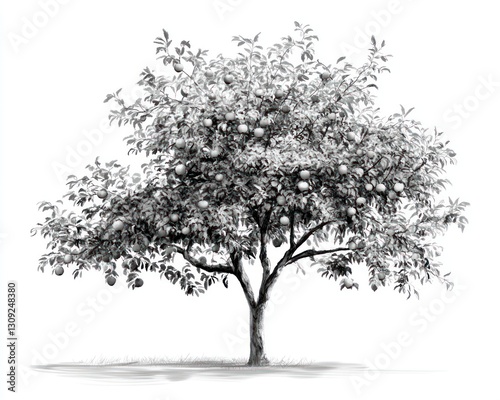 Fruit Tree Drawing, Isolated, White Background