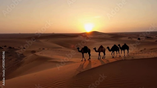 A group of camels walking across a desert at sunset. The sun is setting in the background, casting a warm glow over the sand. The camels are the main focus of the image