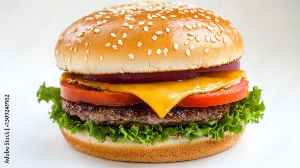Juicy cheeseburger with melted cheese, fresh lettuce, tomato, and grilled beef patty isolated on a white background – classic american fast food concept Juicy cheeseburger with melted cheese, fresh lettuce, tomato, and grilled beef patty isolated on a white background – classic american fast food concept