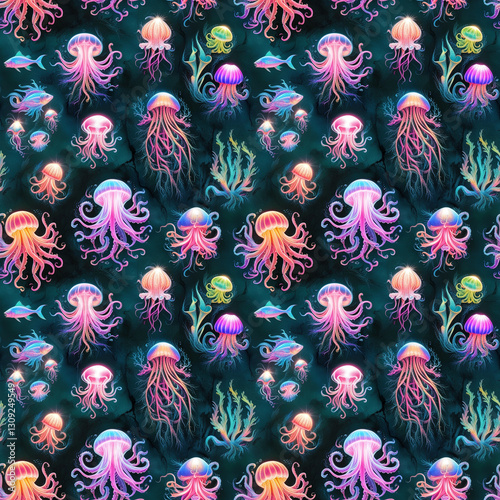 Colorful seamless pattern of jellyfish and marine life against a dark background for textile and decorative design