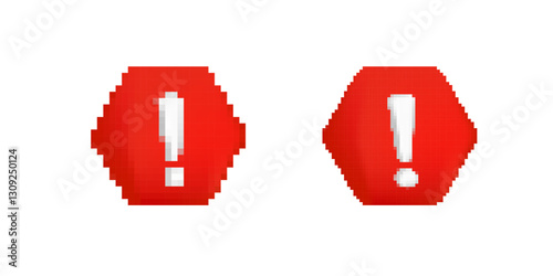 Two red exclamation marks within hexagonal shapes signify urgency or caution and attract attention.