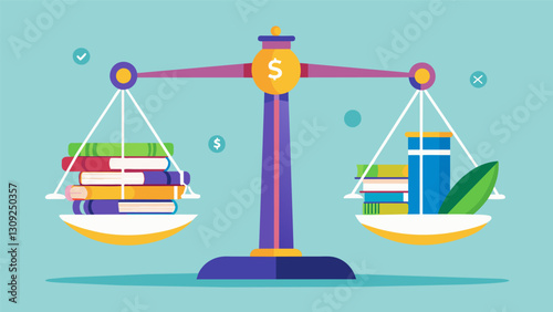 An illustration of a scale with one side holding a stack of textbooks and the other side weighed down by a pile of money depicting the unequal balance. Vector illustration