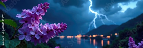 Lilac flowers blooming on a dark and stormy night, scenery, flowerpower photo