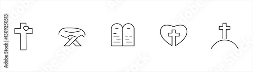 Christian cross Jesusю. Christian religion line icon set. Cross, bible, christmas, easter, dove etc. Editable. Vector.