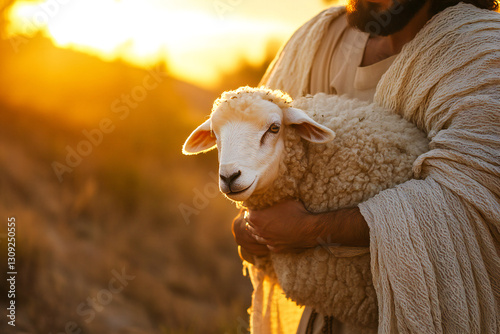 Jesus carries a lost sheep in his arms	