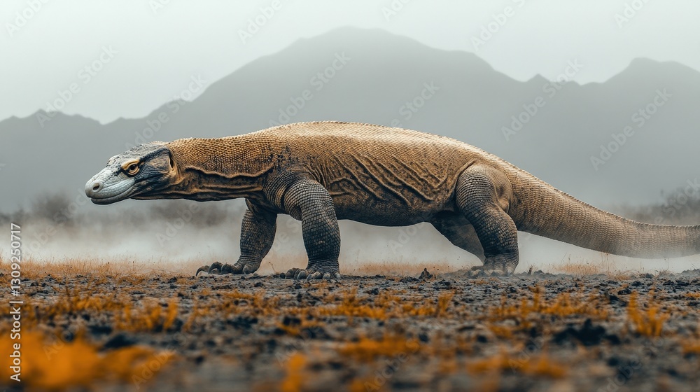 Fototapeta premium Ancient reptile discovery remote mountains wildlife photography foggy environment side view evolutionary insights