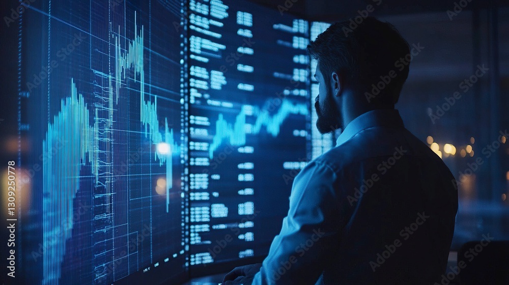 Businessman analyzing stock market data on a futuristic holographic screen, financial charts glowing in blue light, modern office setting, cinematic depth Businessman analyzing stock market data on a futuristic holographic screen, financial charts glowing in blue light, modern office setting, cinematic depth