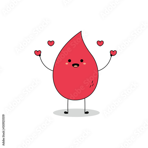 Cute red blood droplet cartoon character spreading love doodle