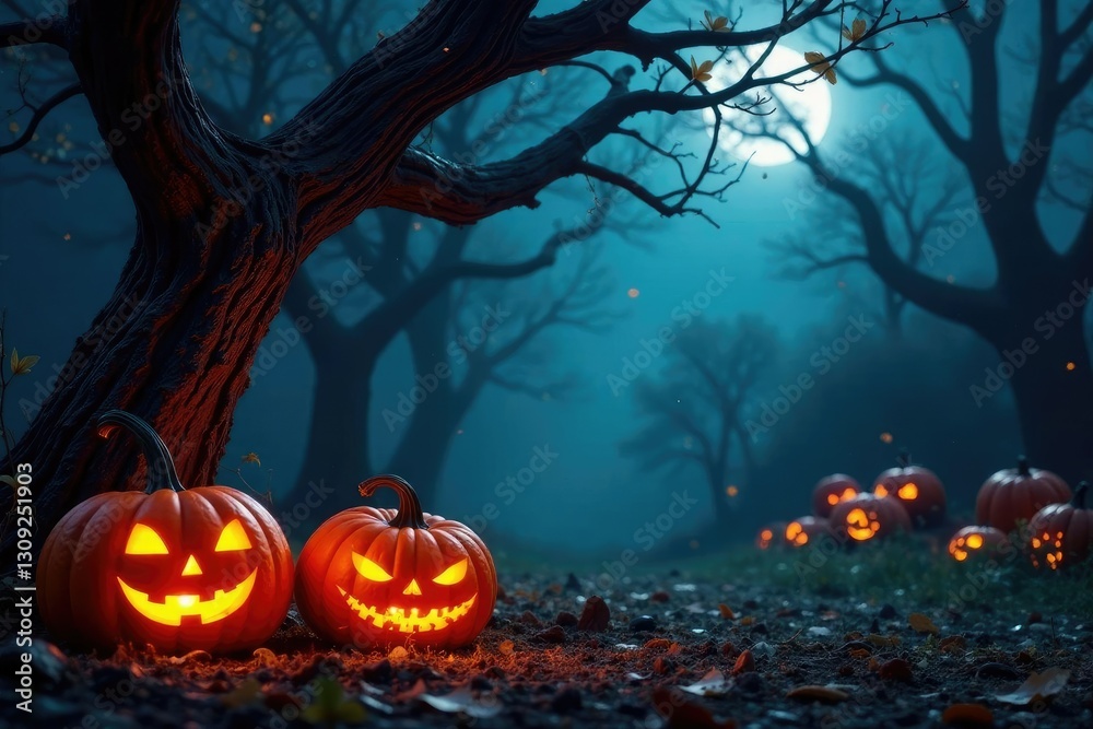 Spooky Halloween scene with lit up pumpkins and twisted trees, twisted tree, Halloween decoration Spooky Halloween scene with lit up pumpkins and twisted trees, twisted tree, Halloween decoration