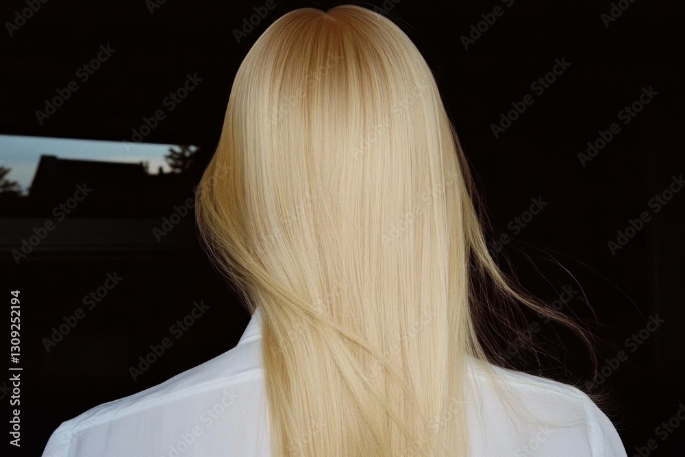 Naklejka premium A serene image of a woman with long blonde hair, viewed from the back, showcasing healthy, flowing locks against a dark background, emphasizing beauty and elegance