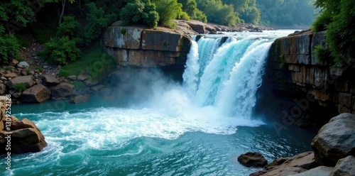 Turbulent water cascades down rocky cliffside, poolofwater, waterfall photo