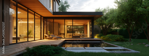 A modern house with large windows and a wooden terrace
