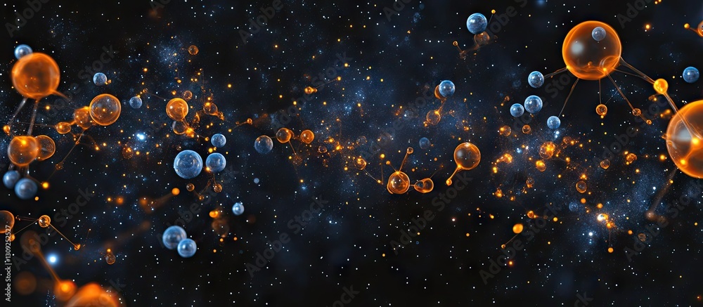 Εκτύπωση καμβά A dark space background with orange and blue glowing chemical structures floating in the air