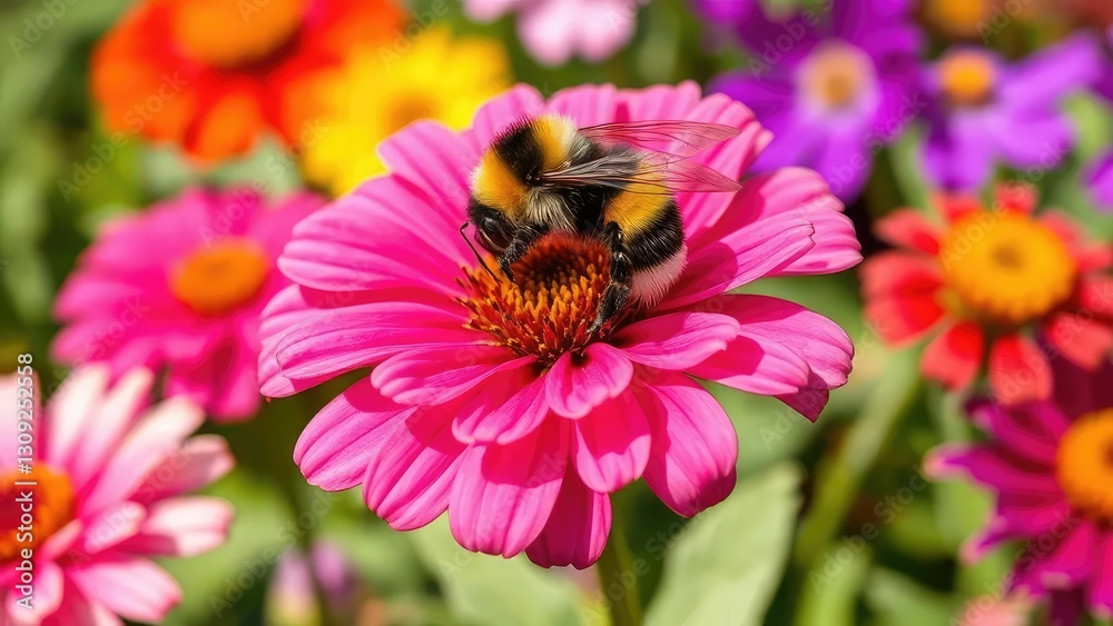Bumblebee pollinating a colorful flower in the garden, Floral, Garden Bumblebee pollinating a colorful flower in the garden, Floral, Garden