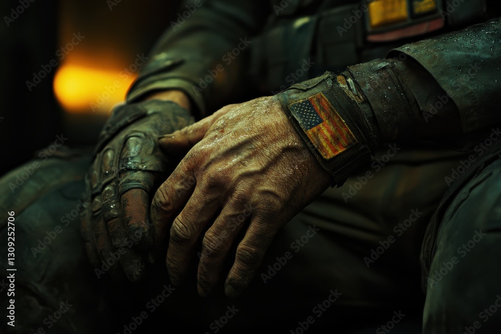 Close-Up of Weathered Worker Hands with American Flag Patch Close-Up of Weathered Worker Hands with American Flag Patch