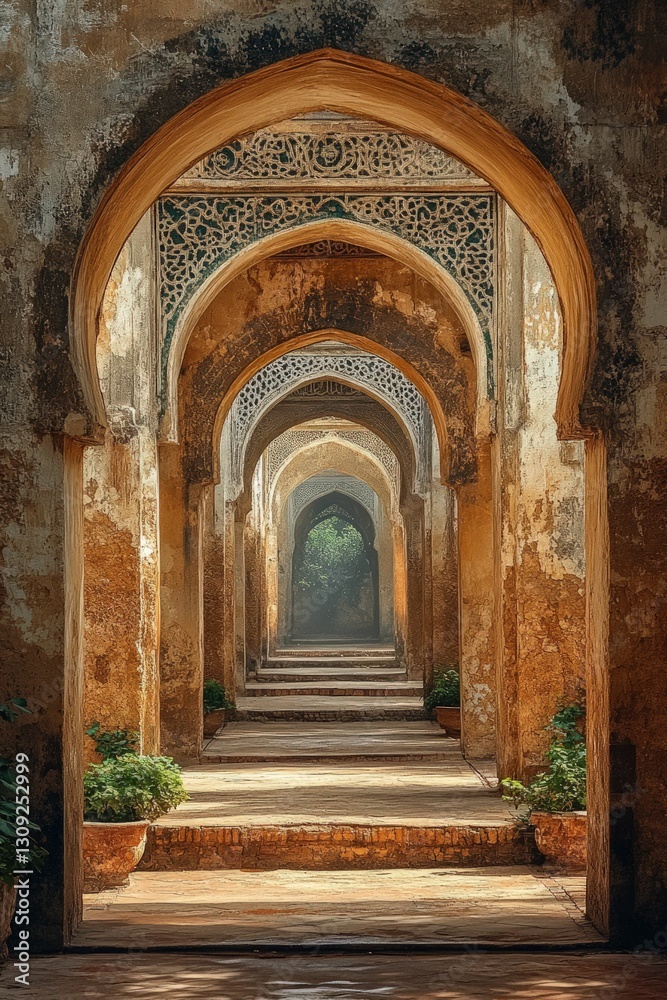 Ancient arched passageway sunlight dappled stone Ancient arched passageway sunlight dappled stone