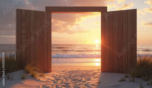 Serene Coastal Scene with an Open Gate Leading to the Ocean at Sunset – Ideal for Advertisements and Business Promotions