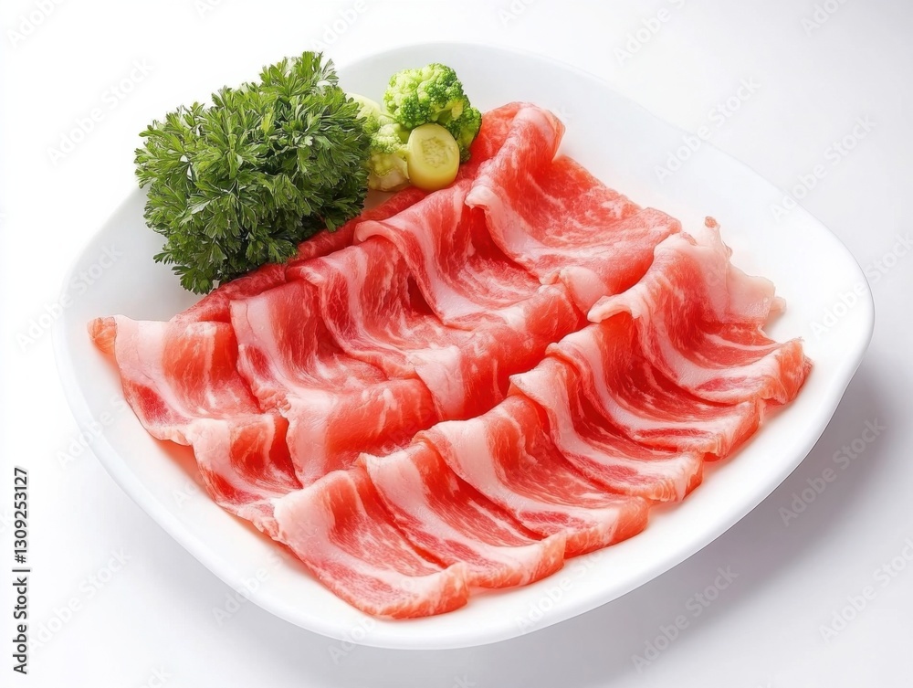 Thinly sliced pork belly on plate with fresh garnish and vegetables Thinly sliced pork belly on plate with fresh garnish and vegetables