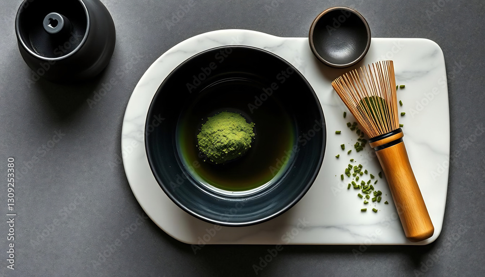 Fototapeta premium Japanese Modern Tea Ceremony with Minimalist Tools. Flatlay of a modern tea set: black ceramic bowl, bamboo whisk, matcha powder on marble slab, monochrome aesthetic