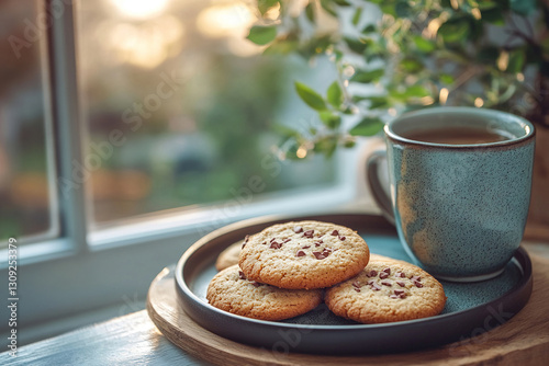 Oatmeal chocolate chip cookies and a cup of aromatic tea on a plate by the window. Home comfort. Generated by artificial intelligence