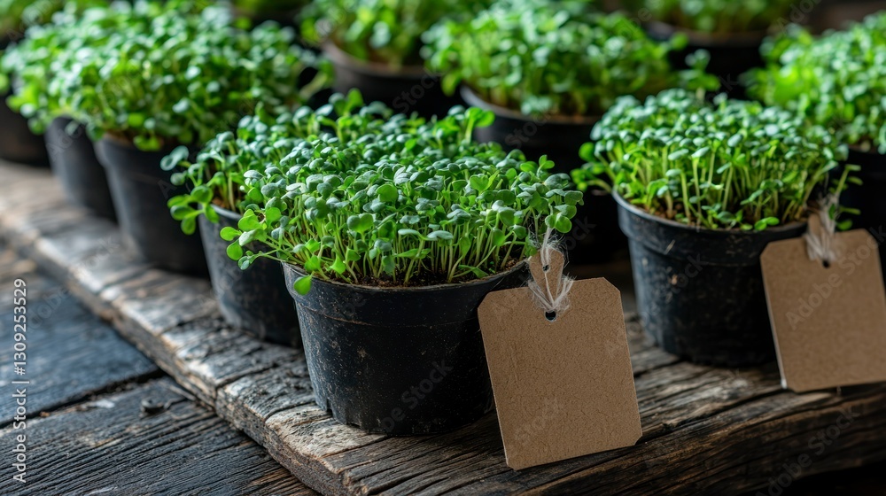Bright green microgreens are displayed in small pots at a bustling spring farmers market Bright green microgreens are displayed in small pots at a bustling spring farmers market