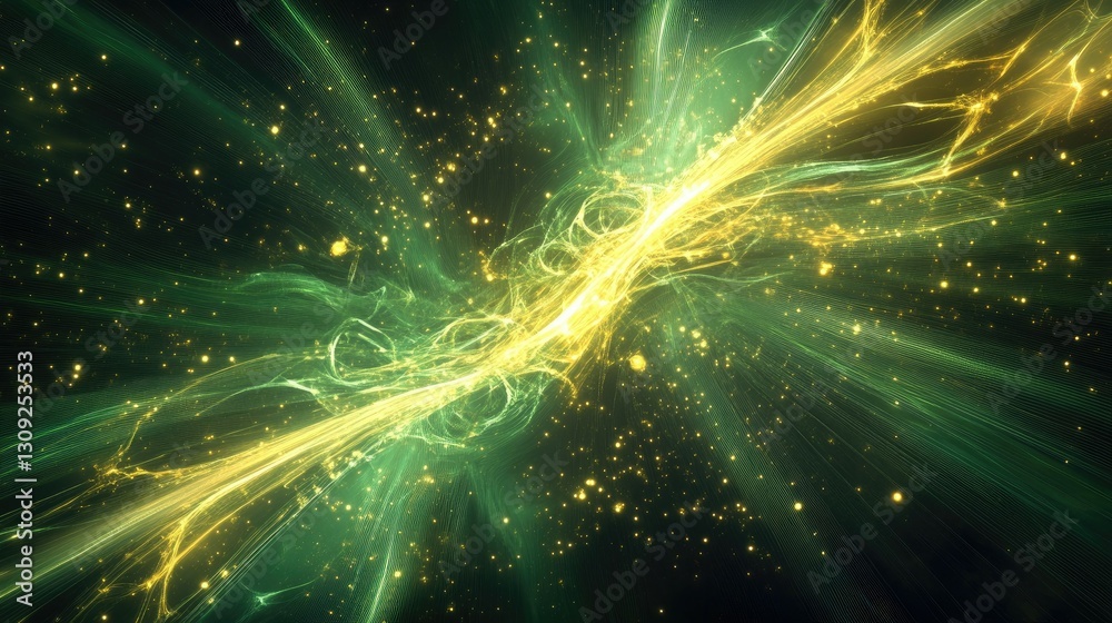 A glowing abstract burst of green and yellow light rays, creating a powerful energy wave. A glowing abstract burst of green and yellow light rays, creating a powerful energy wave.