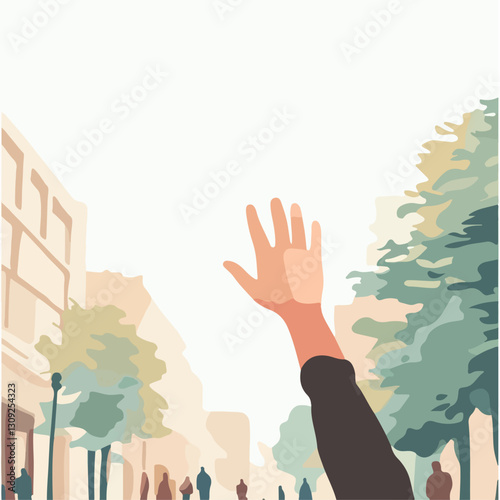Enthusiastic Person Raising Hand Outdoors in Blur Background