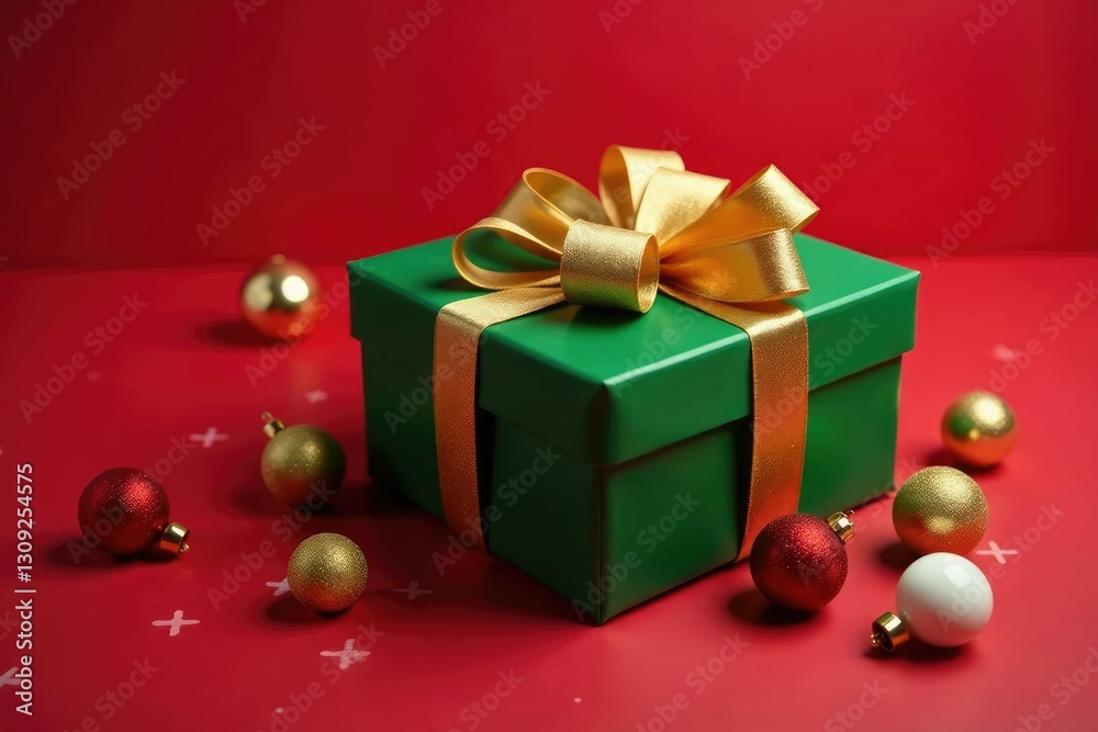Obraz premium Green gift box adorned with golden ribbon and festive ornaments on a red Christmas background, gift wrapping, holiday items