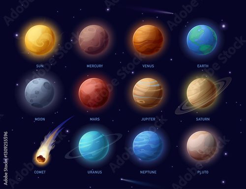 Solar system planets. Vector icons set of planets with Sun, Moon, Mercury, Venus, Earth, Mars, Jupiter, Saturn, Uranus, Neptune, Pluto, Comet. Astronomy and space learning for education. Galaxy space