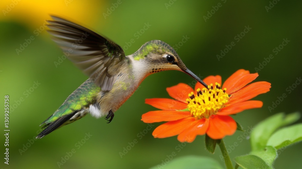 Fototapeta premium Green Hummingbird Feeding on Orange Flower