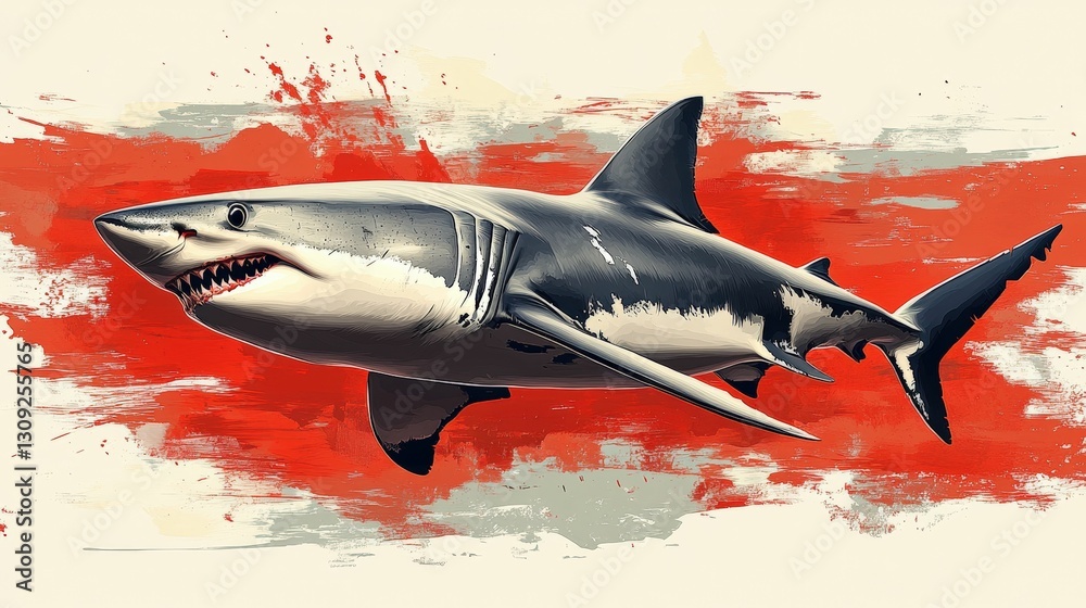 Powerful great white shark red ocean art