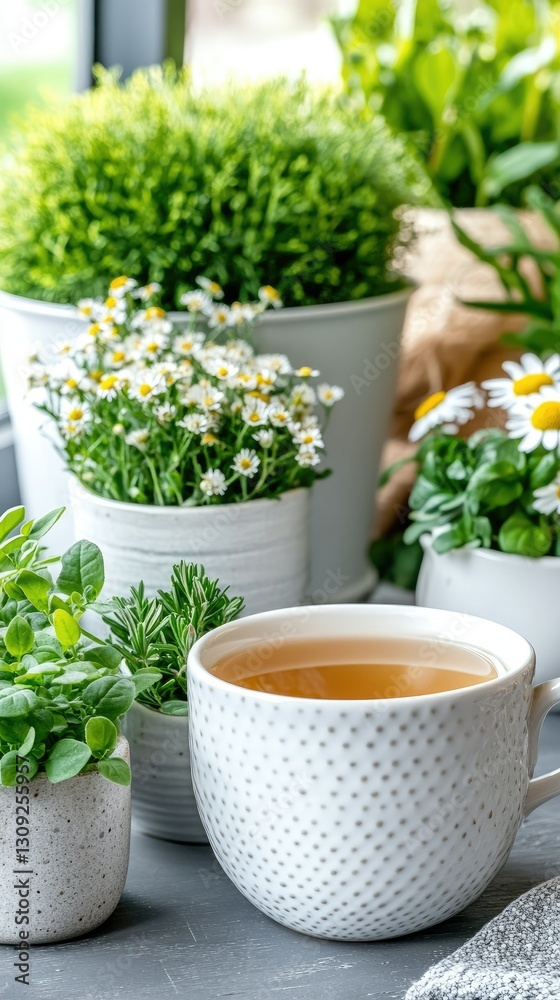 Enjoying a warm cup of herbal tea surrounded by green plants in a cozy indoor garden setting during springtime Enjoying a warm cup of herbal tea surrounded by green plants in a cozy indoor garden setting during springtime