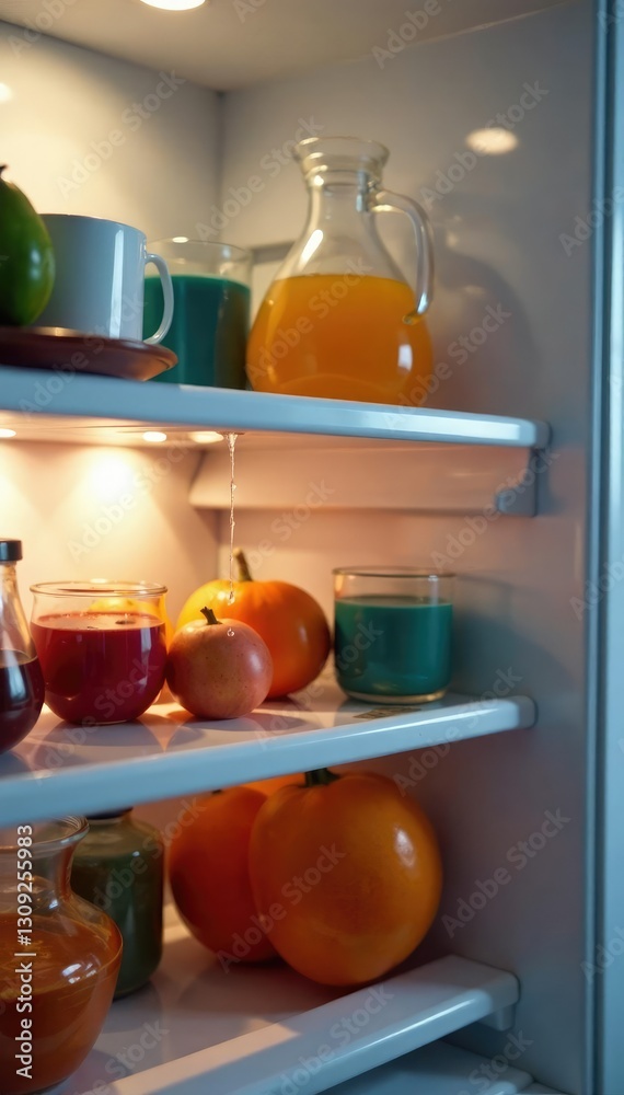 Liquids dripping from a shelf inside the fridge, silverware, kitchens