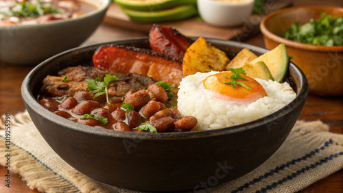delicious bowl of bandeja paisa featuring beans, meat, rice, and plantains, garnished with fresh herbs