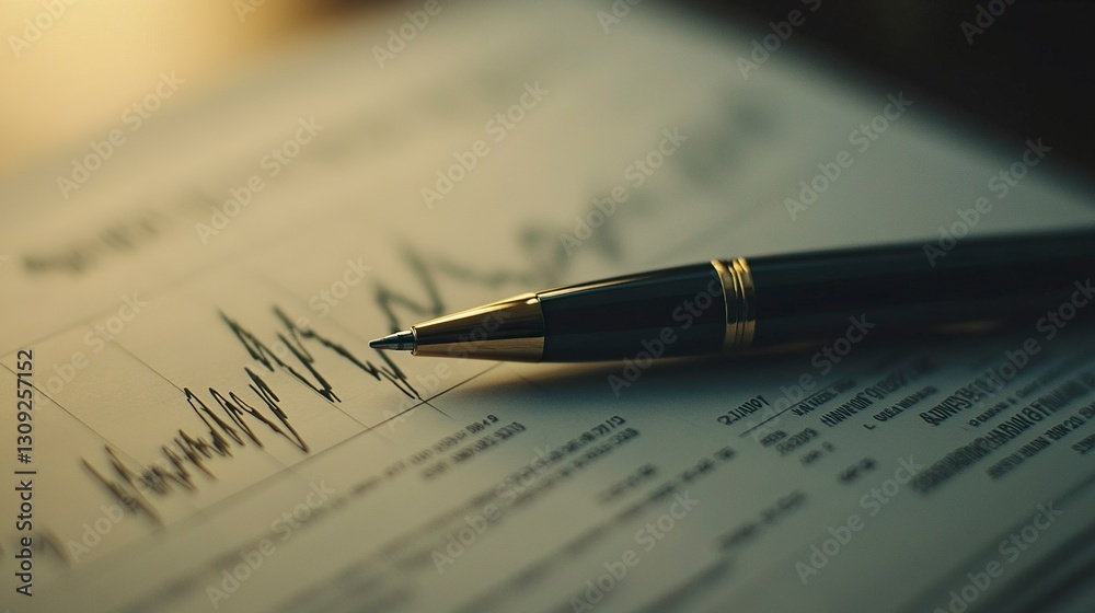 Macro shot of a financial document with a rising bar chart, sleek pen resting on paper, soft lighting, professional investment atmosphere Macro shot of a financial document with a rising bar chart, sleek pen resting on paper, soft lighting, professional investment atmosphere