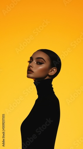 Elegant female portrait in black turtleneck against vibrant orange background