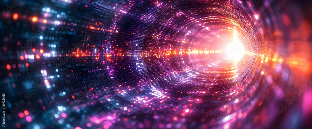 Naklejka premium Abstract digital tunnel with glowing neon lights, data flow, cyberspace, futuristic technology background, 3D rendering