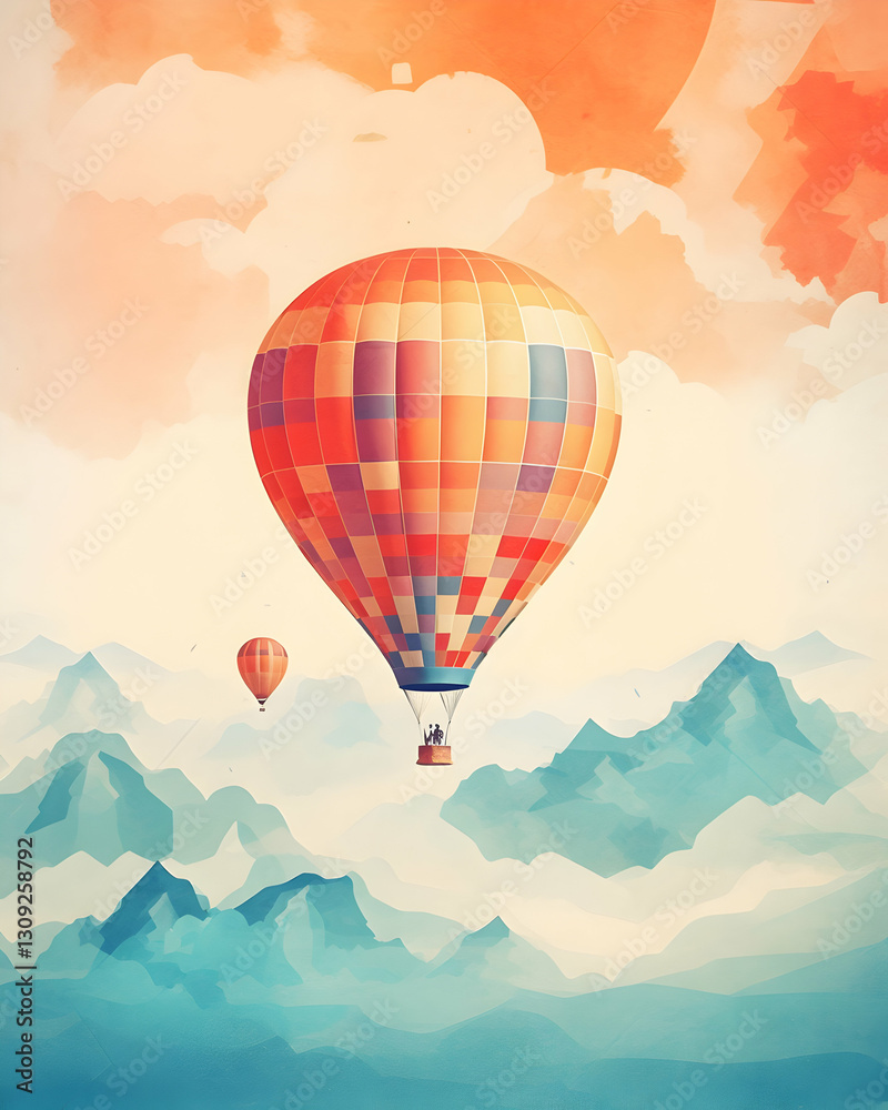 Fototapeta premium Colorful watercolor hot air balloons soaring over mystical mountains at sunrise