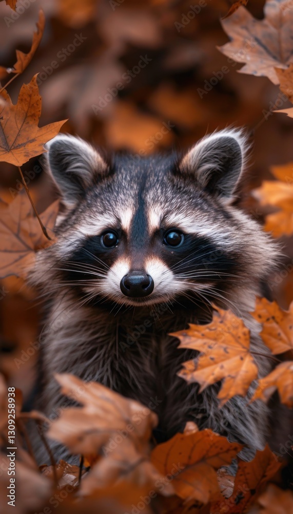 A curious raccoon peeks out from a pile of autumn leaves, its dark eyes captivating. A curious raccoon peeks out from a pile of autumn leaves, its dark eyes captivating.