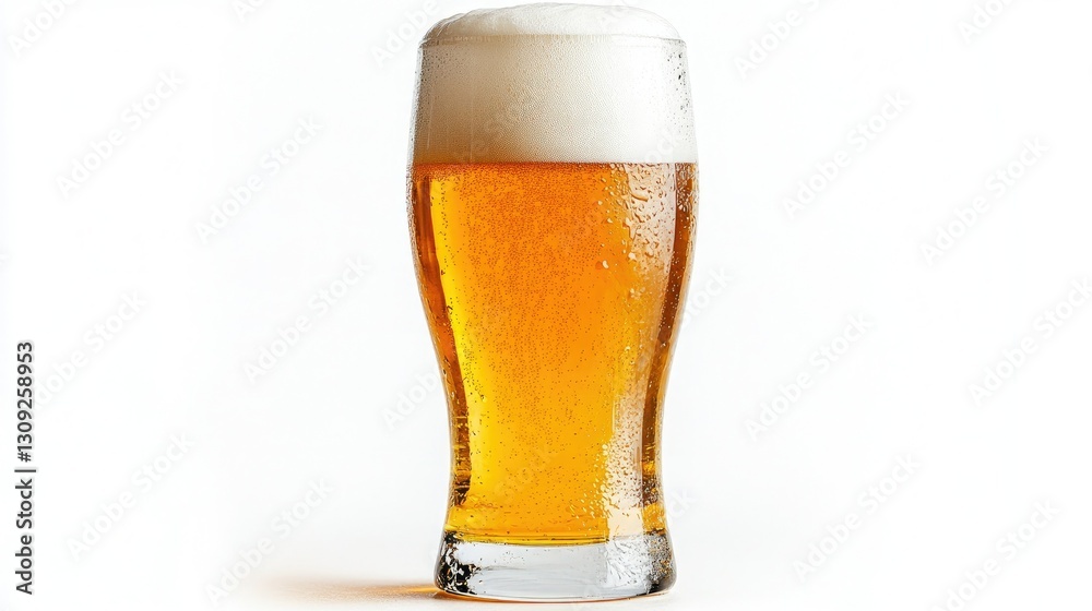 A perfectly poured glass of beer with a creamy foam top, isolated and ready for brewery marketing and beverage ads. A perfectly poured glass of beer with a creamy foam top, isolated and ready for brewery marketing and beverage ads.