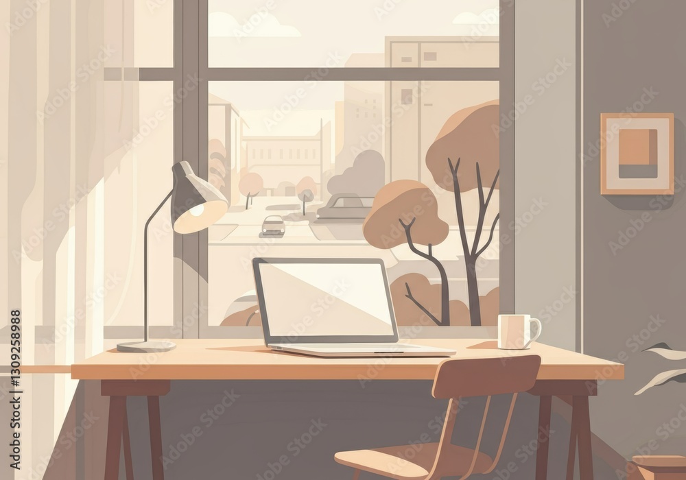 Fototapeta premium Cozy workspace with a laptop and a view of the city outside