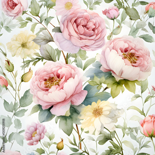 Victorian floral pattern featuring soft blooms in watercolor style showcasing peonies and daisies in a delicate arrangement