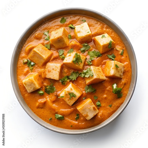 Indian Paneer butter masala curry dish top view isolated on white background. Paneer curry top view. Indian traditional paneer cheese gravy dish.
