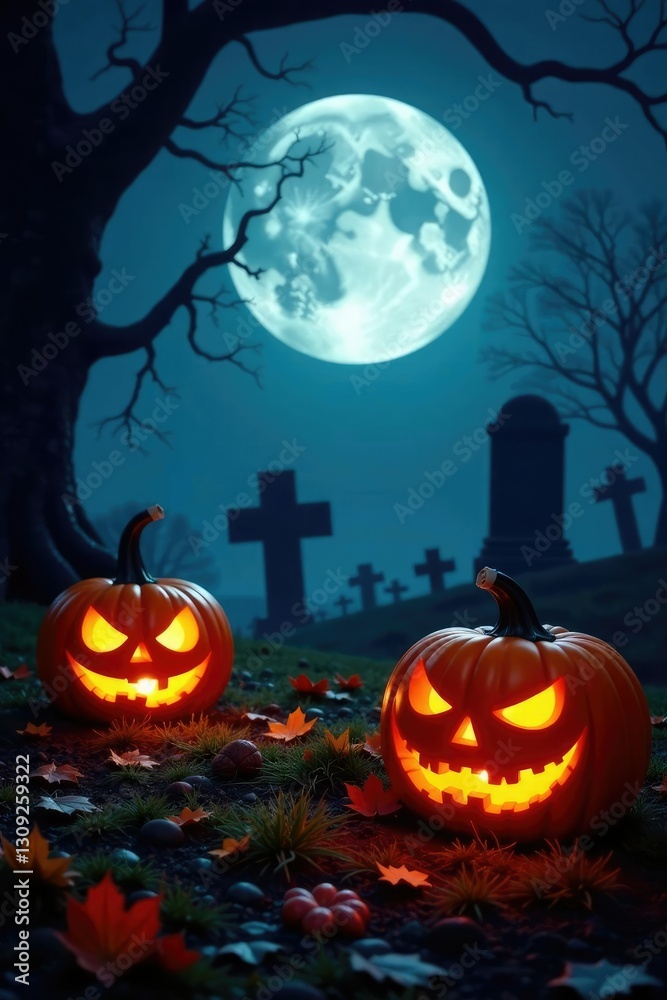 Fototapeta premium Spooky pumpkins and gravestones lit up at night with a full moon behind them, dark, creepy, autumnal