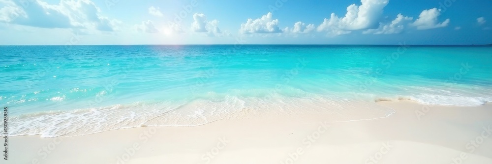 Fototapeta premium Azure water laps white sand beach, summer sun shines , horizon, coastal