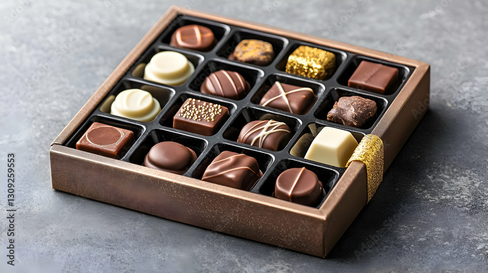 Elegant Assortment of Chocolates in a Gift Box on a Textured Gray Surface Elegant Assortment of Chocolates in a Gift Box on a Textured Gray Surface